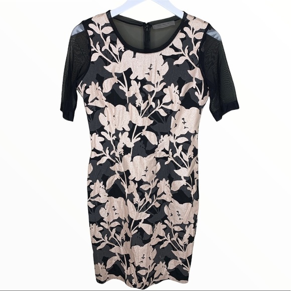 D.EXTERIOR Floral Print Cocktail Dress Black/Blush With Mesh Sleeves Pink Medium - Picture 1 of 8